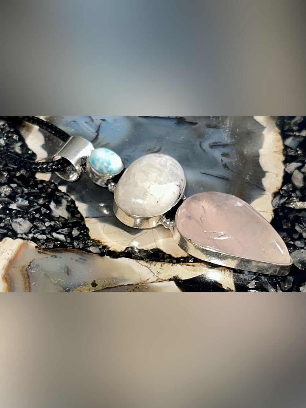 Petite Larimar, Rainbow Moonstone & Rose Quartz Crystal Pendant 2 1/2” - Picture 6 of 17